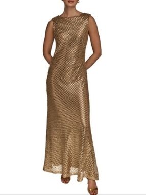 Donna Karan Gold Sequin Mesh Boat Neck Slip Dress